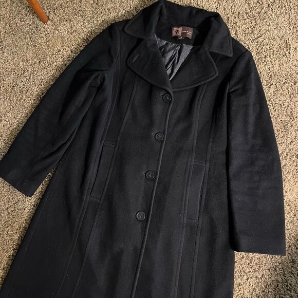 VTG Anne Klein Black Wool Cashmere Full Length Coat 14 A-Line Lined Button Front - Picture 7 of 12